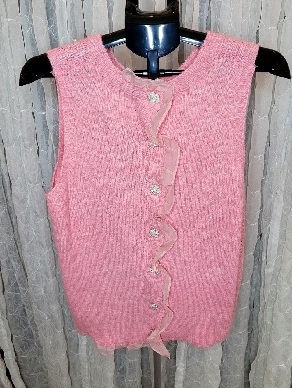 LovLov Pink Pointelle Sweater Tank Vest Ruffle Back Pearl Button L